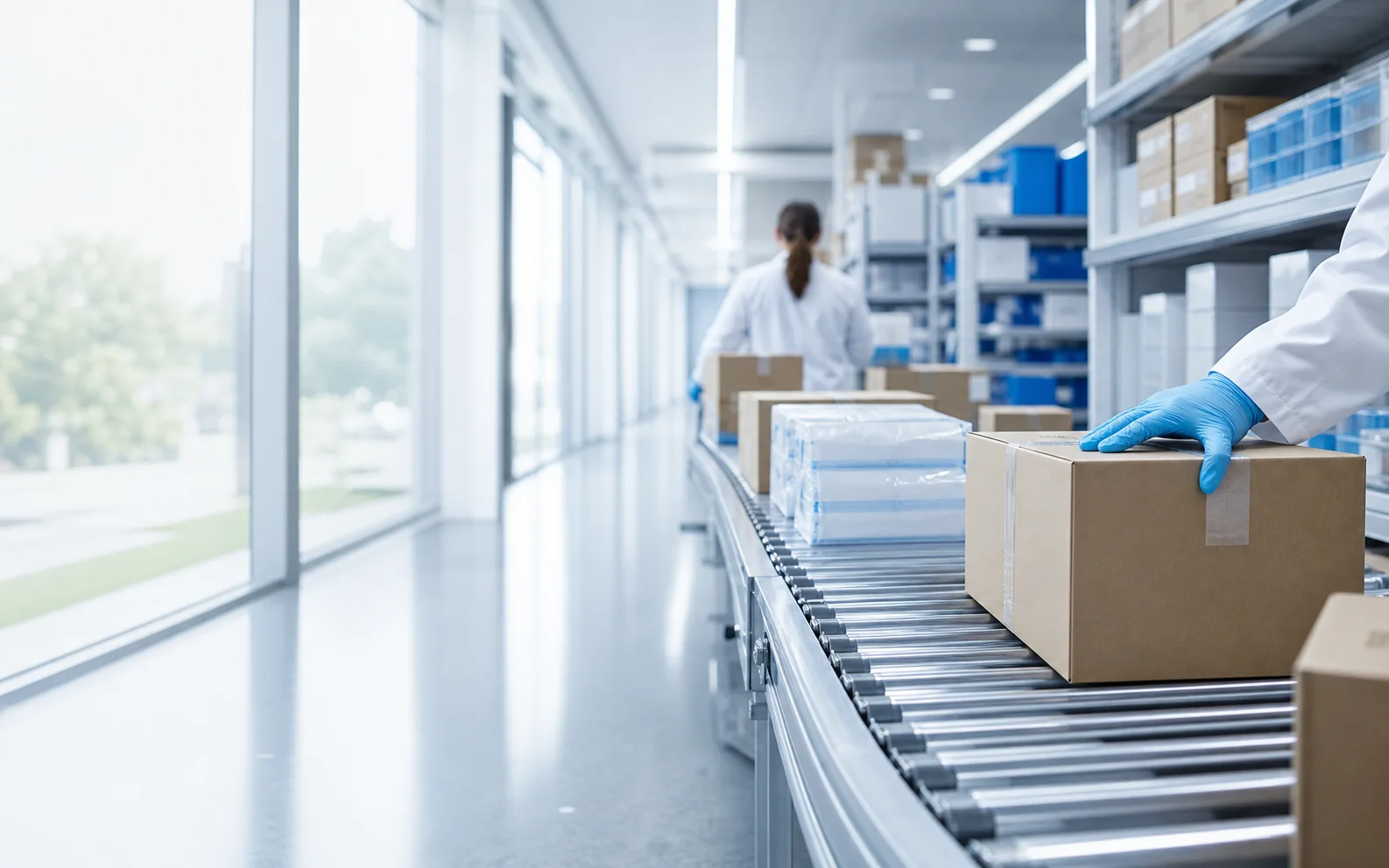 Illustrative medical supply logistics with sealed cartons in a bright distribution environment