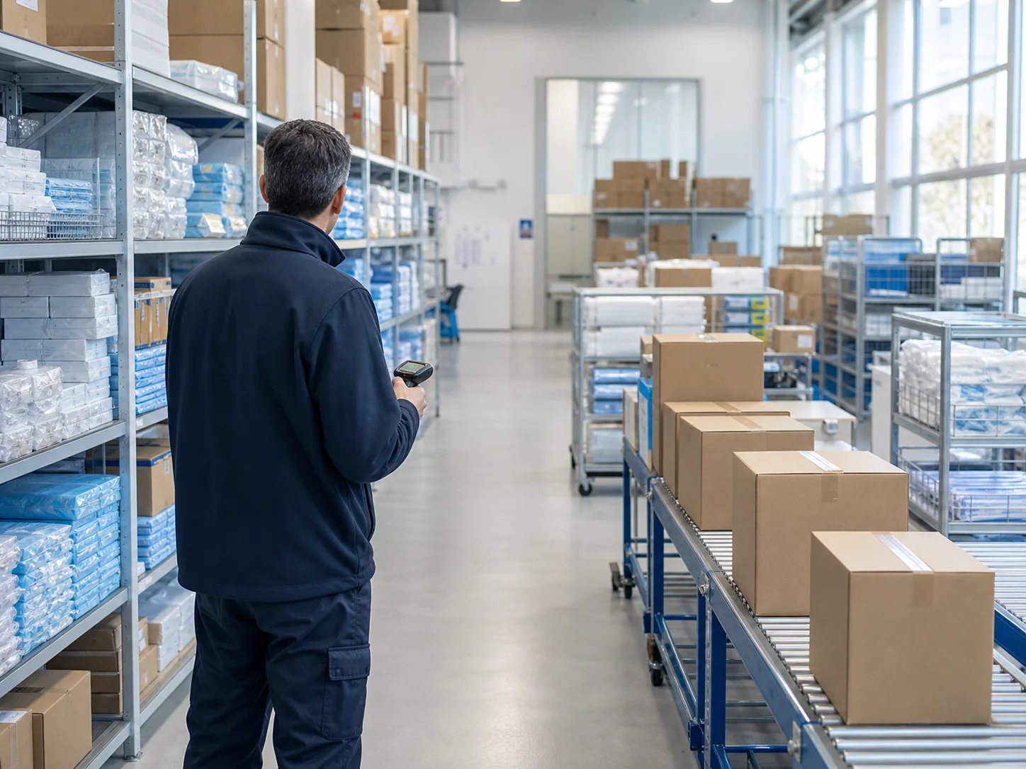 Illustrative organized medical supply chain with unbranded cartons and sterile goods